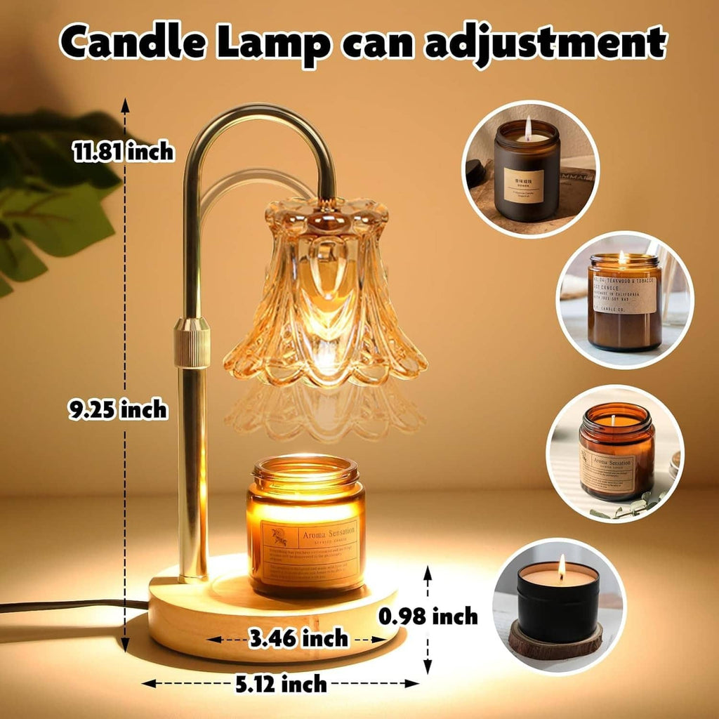 Electric candle warmer lamp with amber glass shade and candle jar on round wood base.