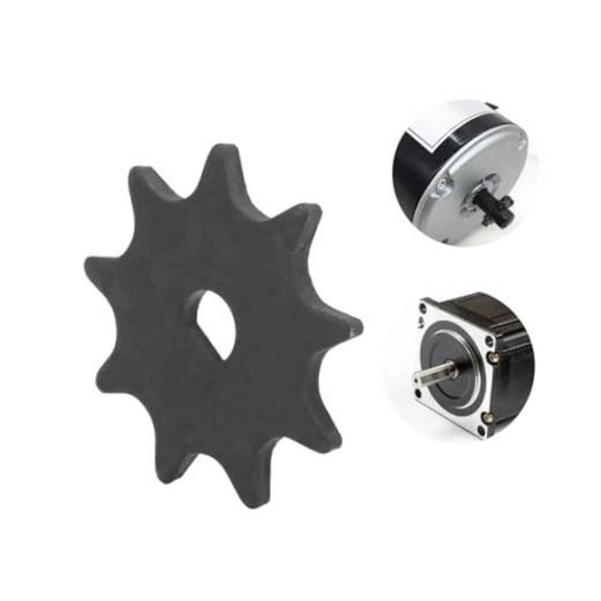 Black chain sprocket with central mounting hole, gear teeth pattern