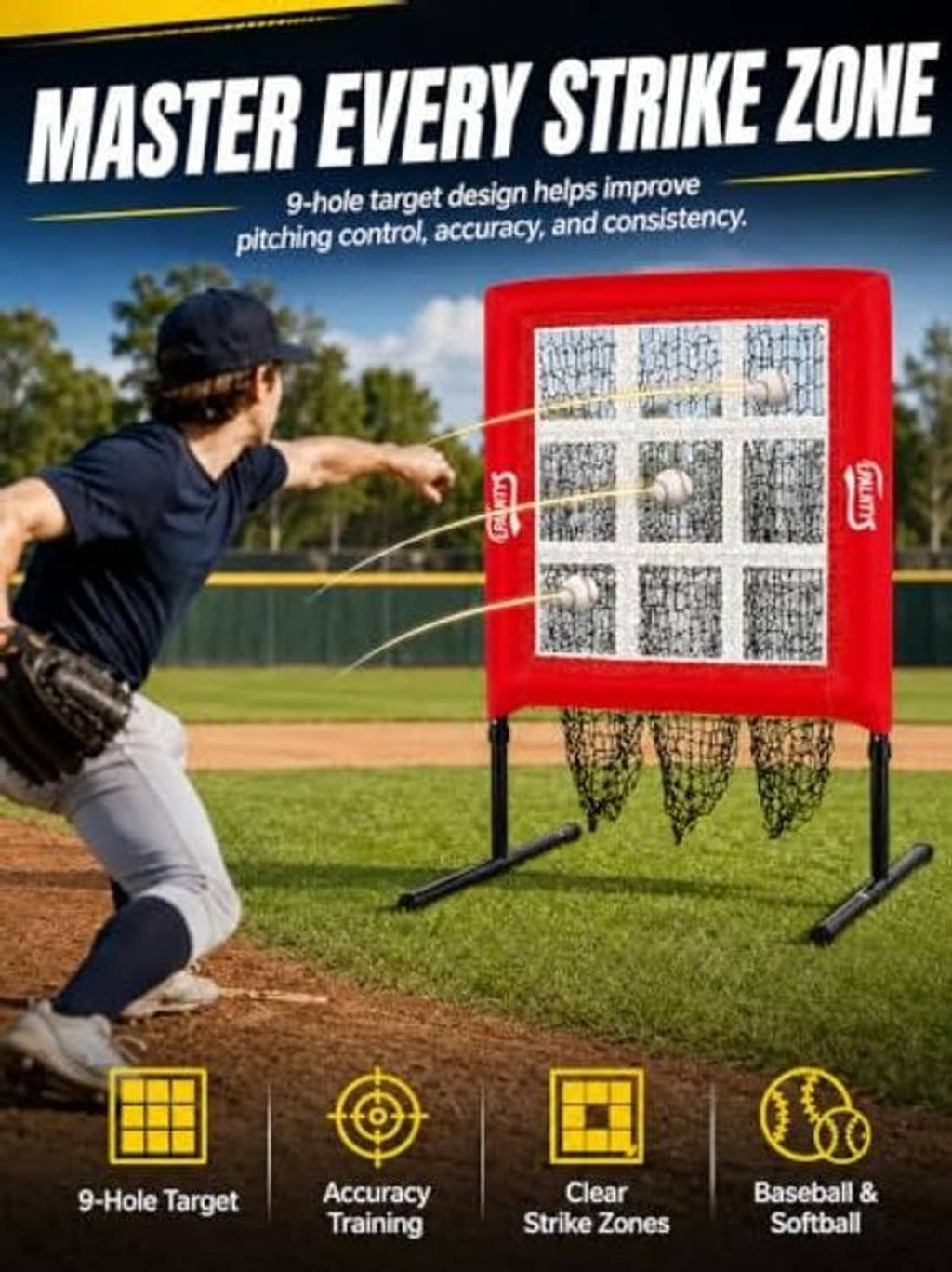 Red pitching target net with square strike grid and black tripod legs