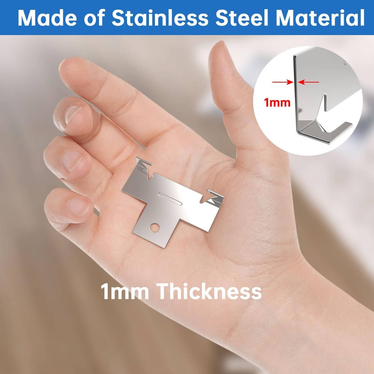Stainless steel recessed light C clip, 1 mm thick, shown in hand