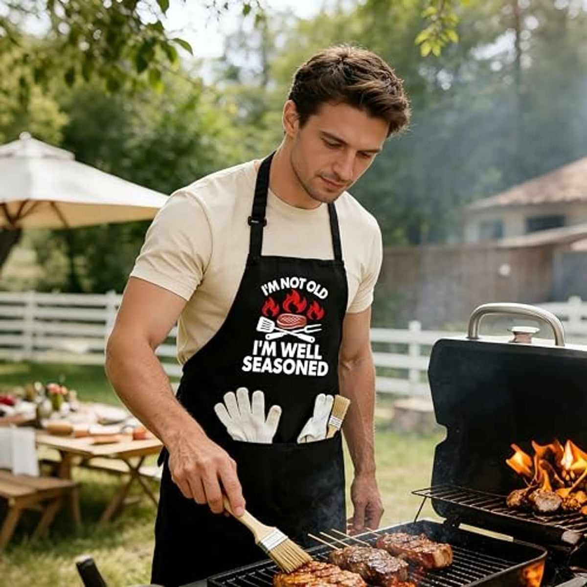 Black BBQ apron with “I’m well seasoned” print, worn outdoors while grilling meat