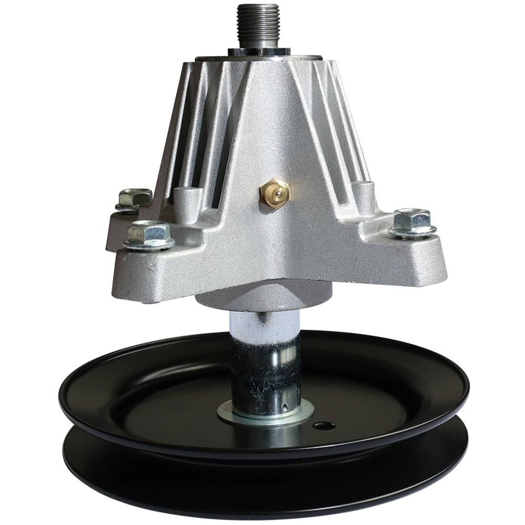 Deck spindle assembly close-up with black pulley and silver cast housing