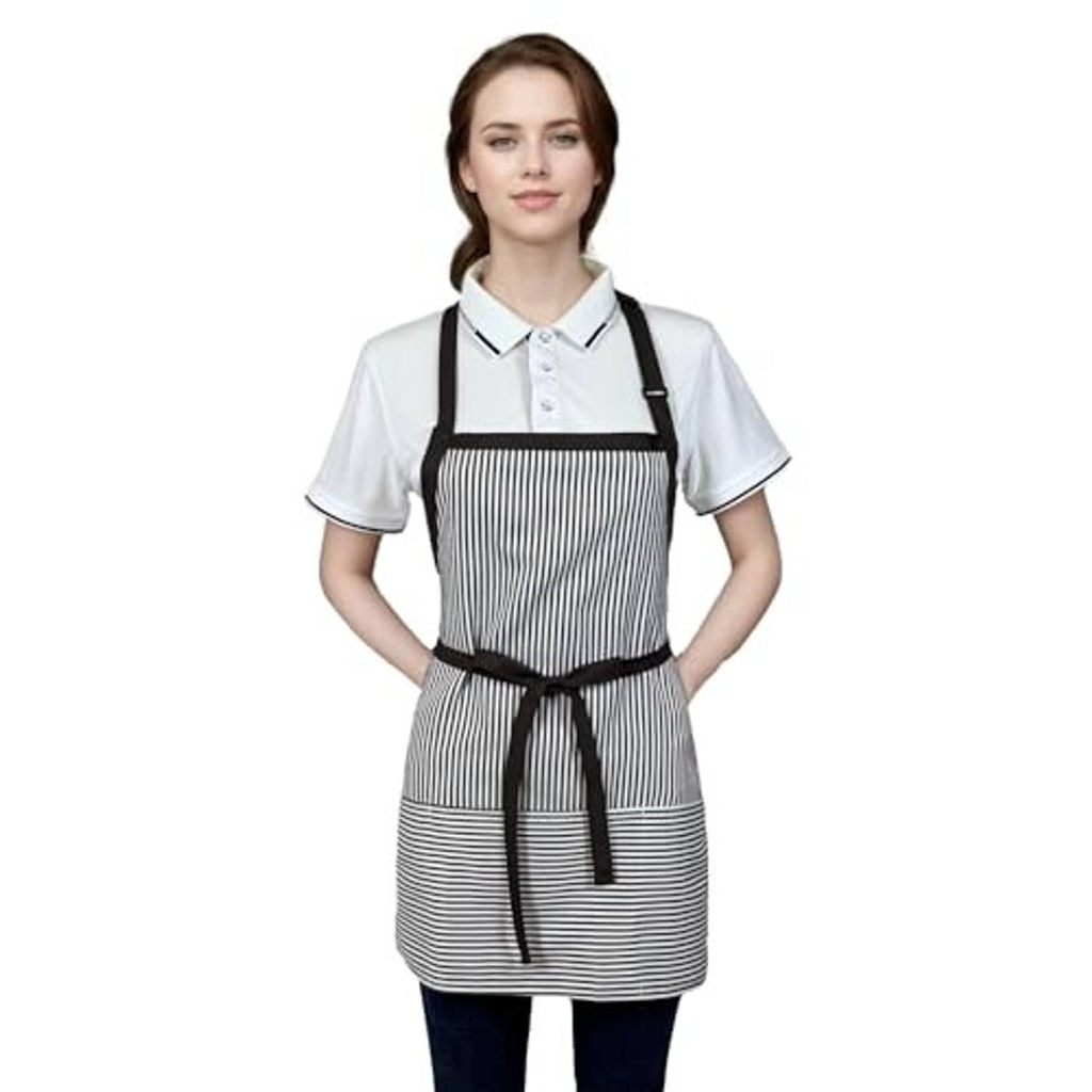 Striped black-and-white server apron with black bib straps and waist tie on model