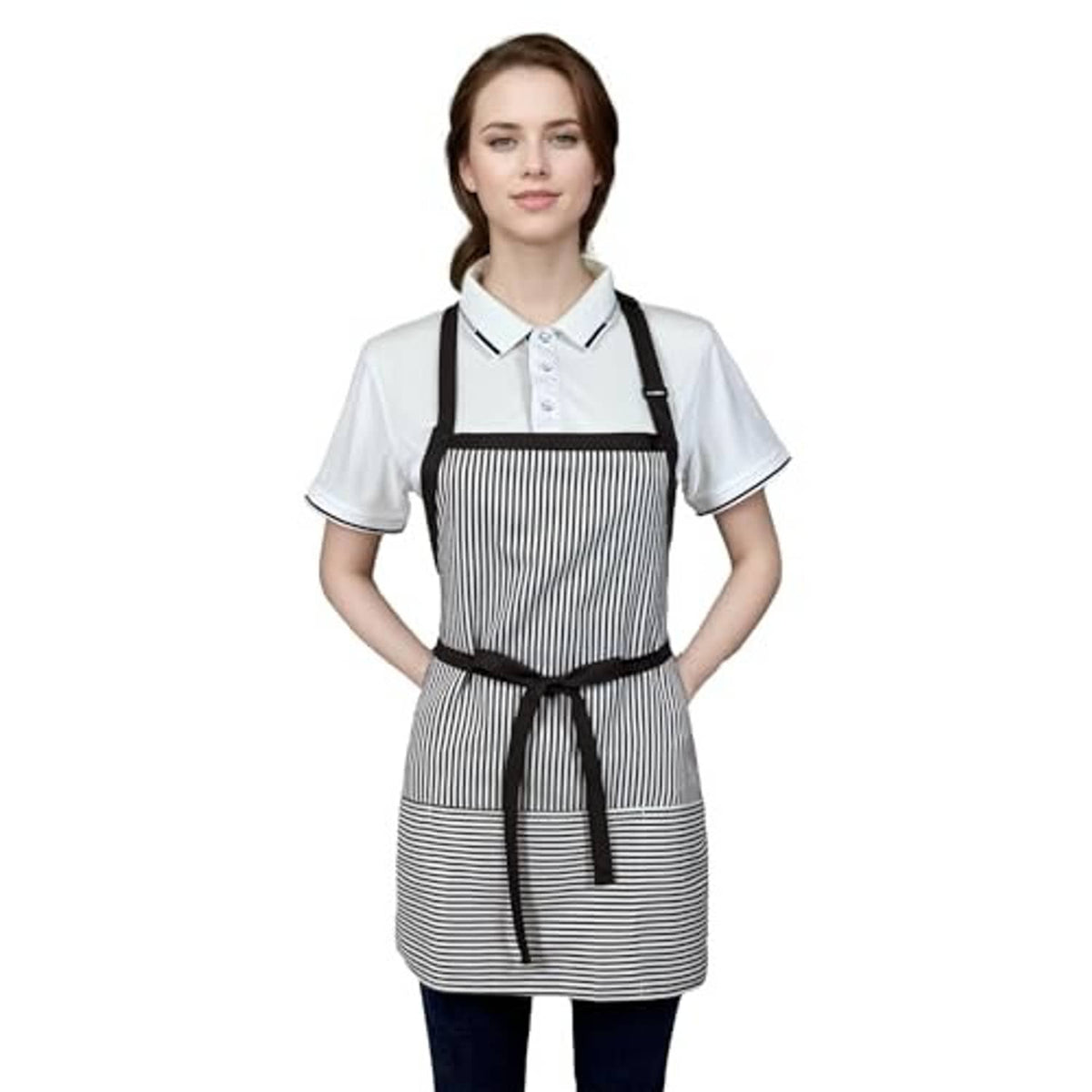 Striped black-and-white server apron with black bib straps and waist tie on model