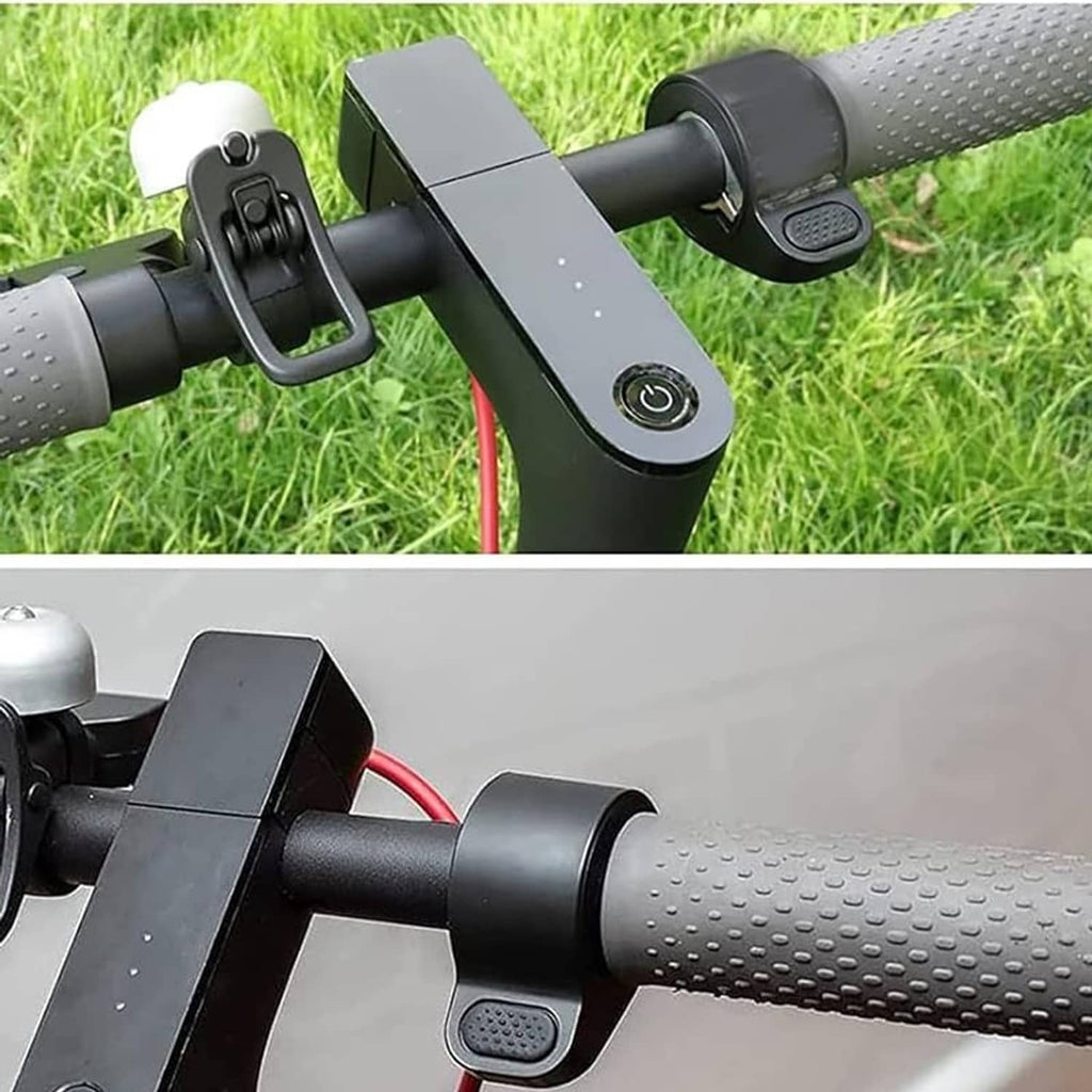 Electric scooter thumb throttle on handlebar with textured thumb pad and power button