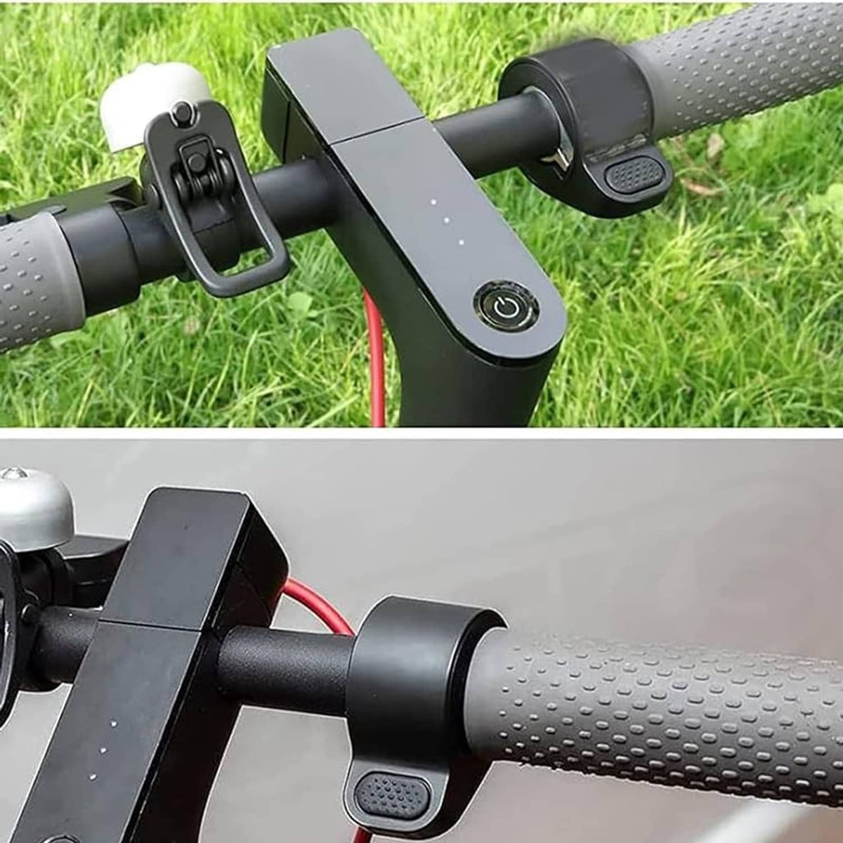 Electric scooter thumb throttle on handlebar with textured thumb pad and power button