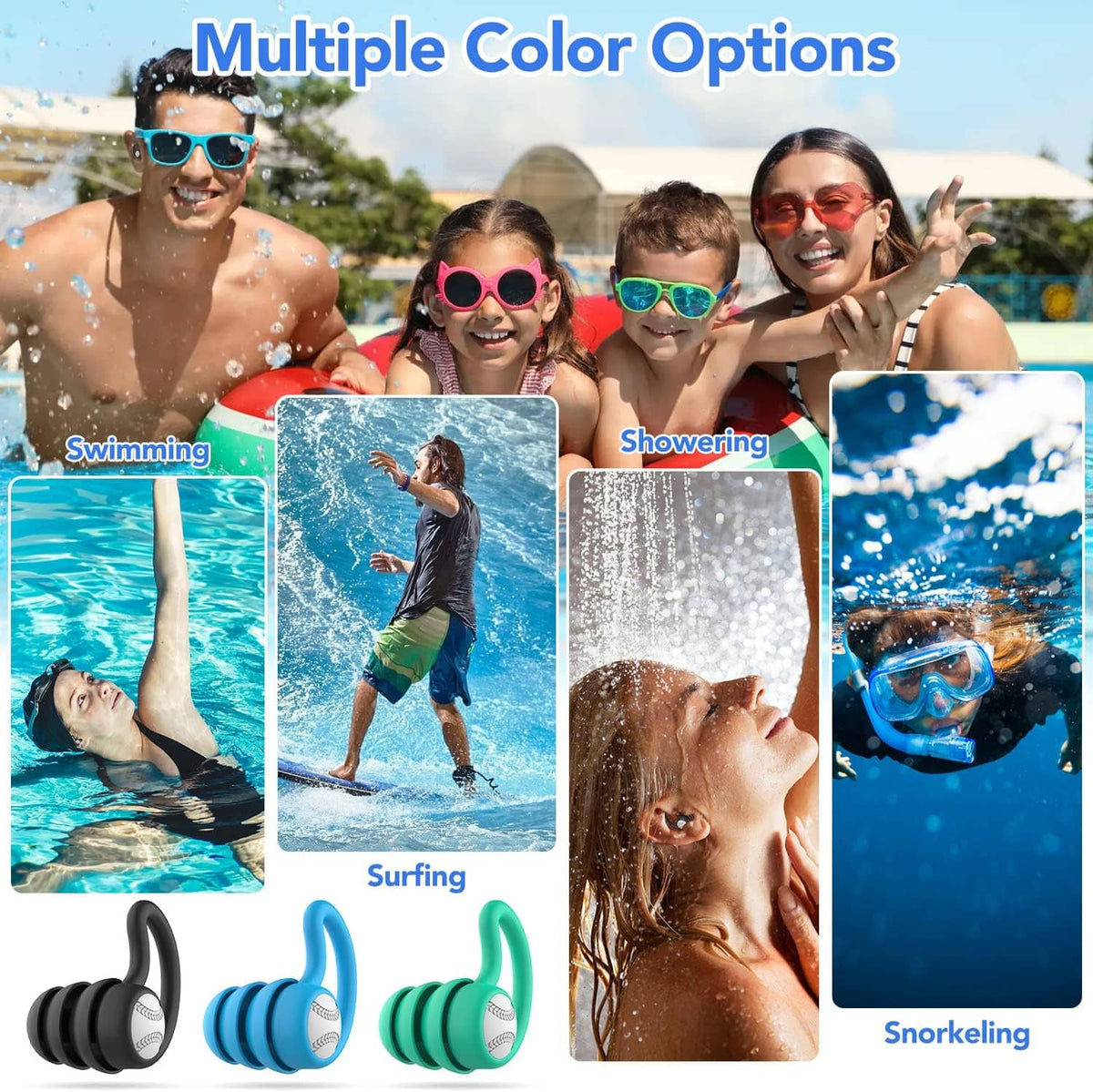 Swimming ear plugs in multiple colors: black, blue, and green silicone with wings