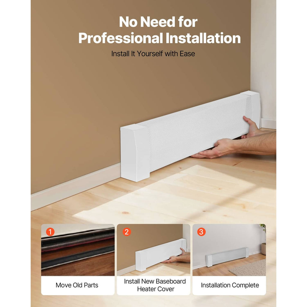 White baseboard heater cover on installation steps, shown ready to fit to a baseboard