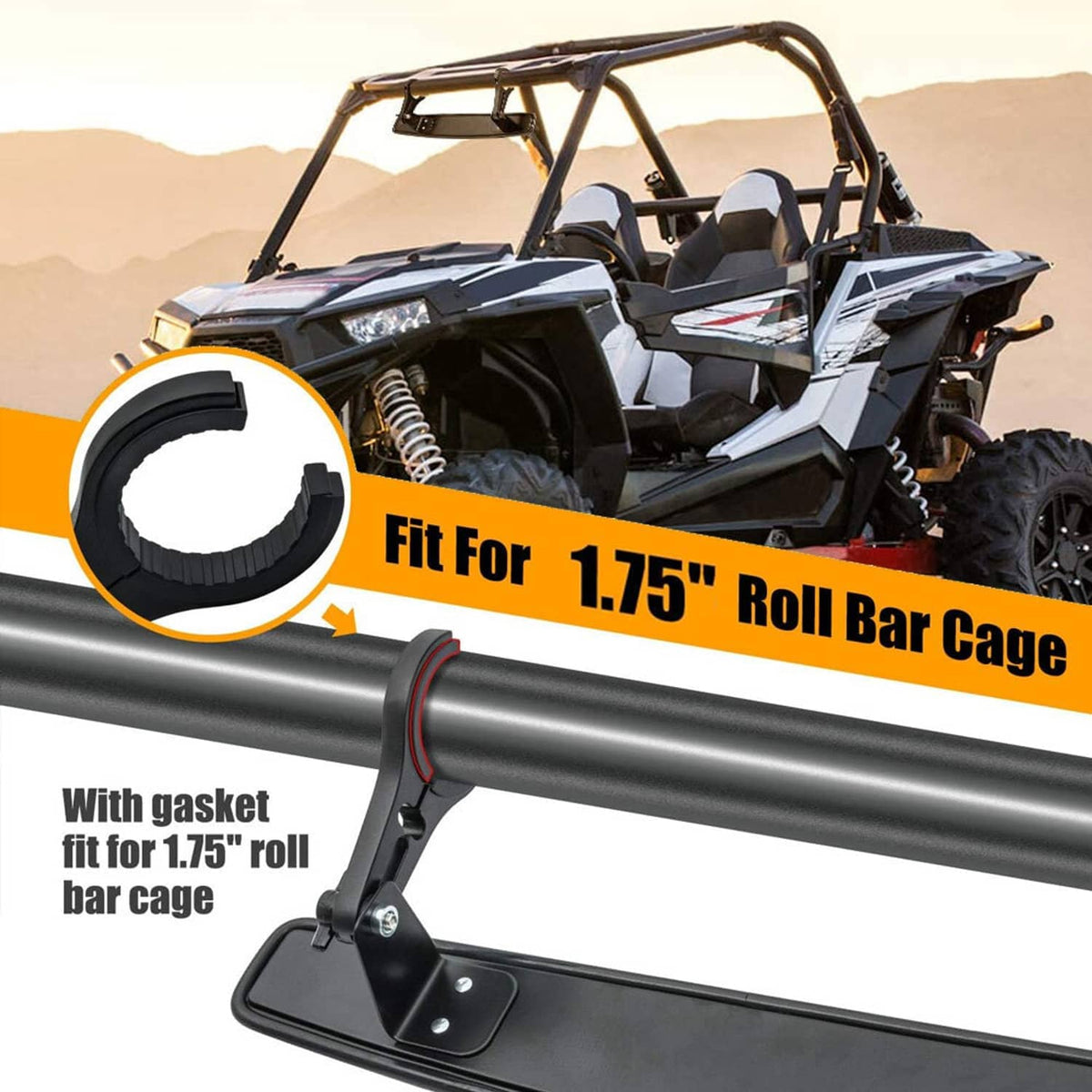 Black mirror clamp bracket sized for 1.75 in roll bars on UTVs