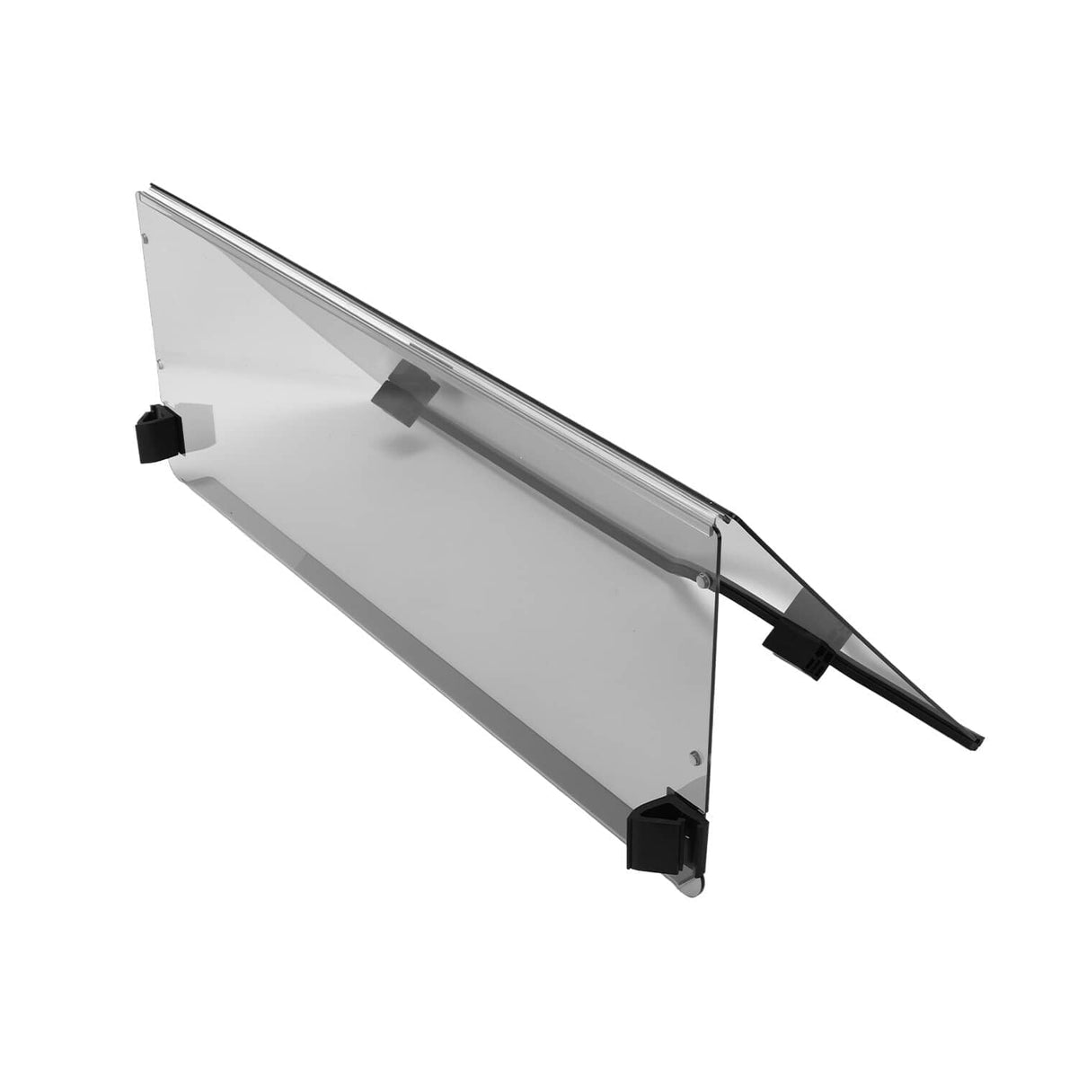 Tinted full front windshield screen panel with side brackets, angled close-up