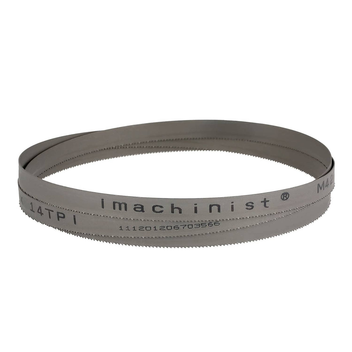 Bi-metal band saw blade loop with printed markings on dark band