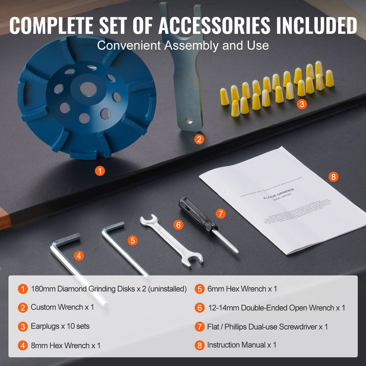 Concrete grinder accessories kit with blue grinding disks, wrenches, and screwdriver