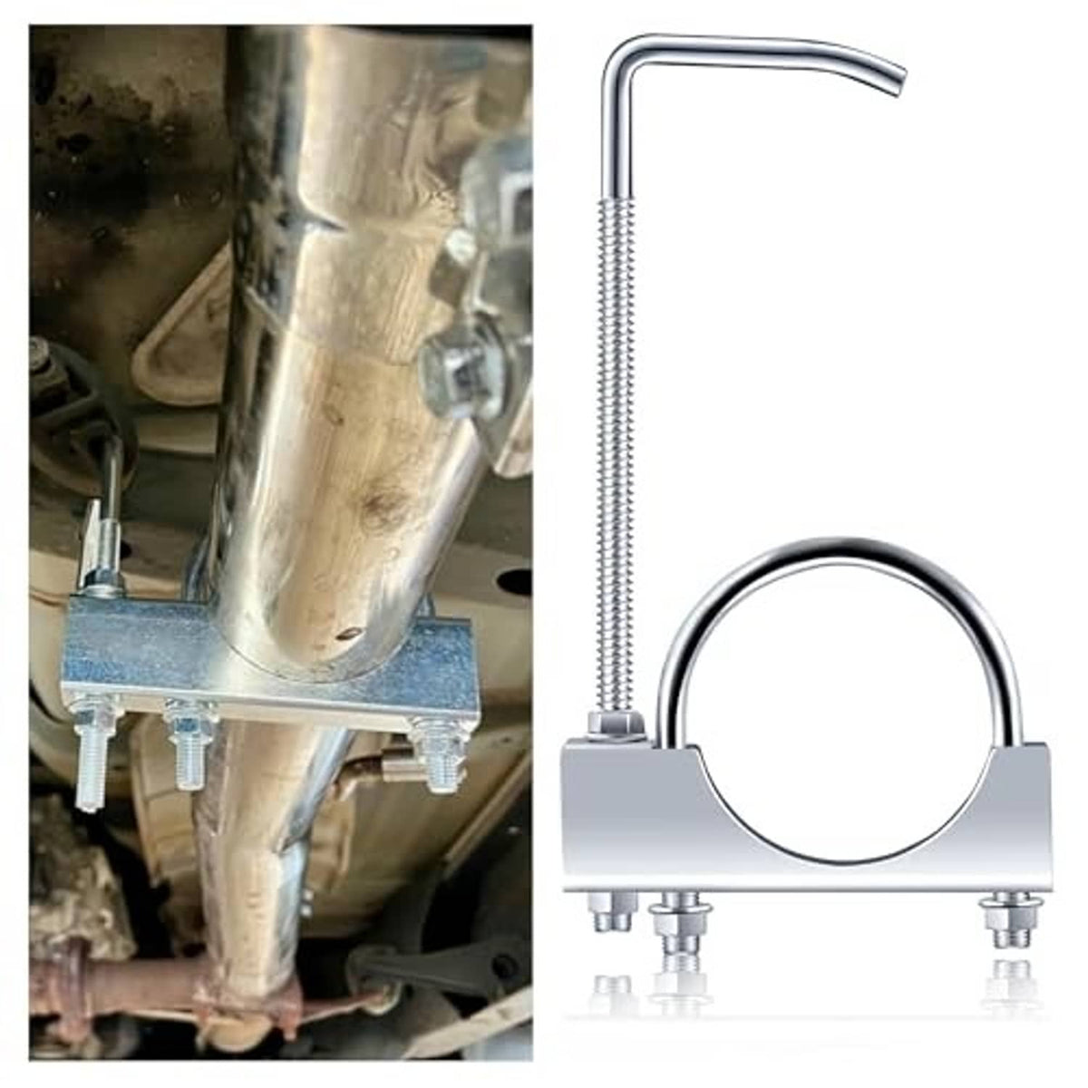 3-inch exhaust hanger clamp kit with curved U bar, coiled rod, and mounting bolts