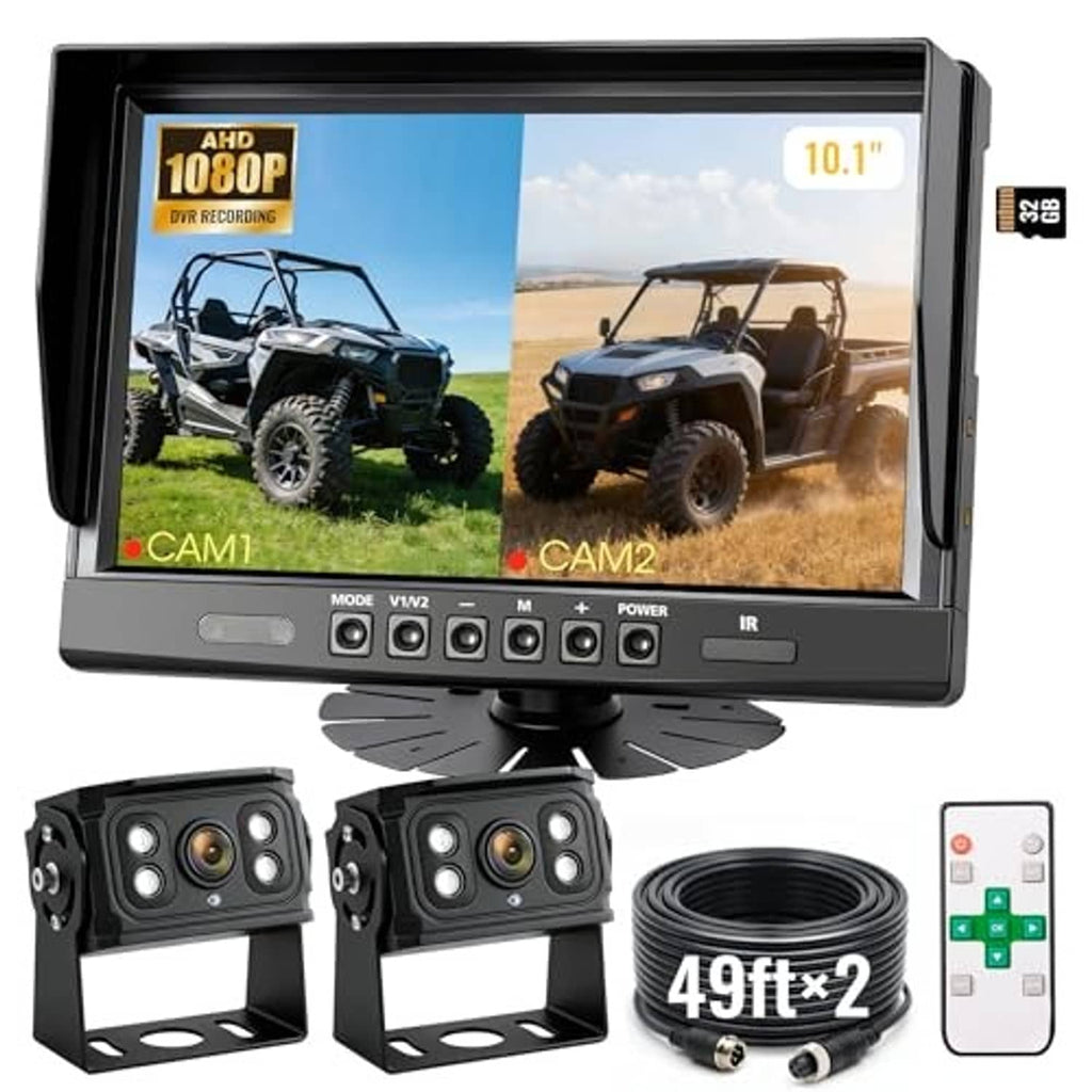 10.1-inch dual-screen backup camera monitor kit with two cameras, cable, and remote