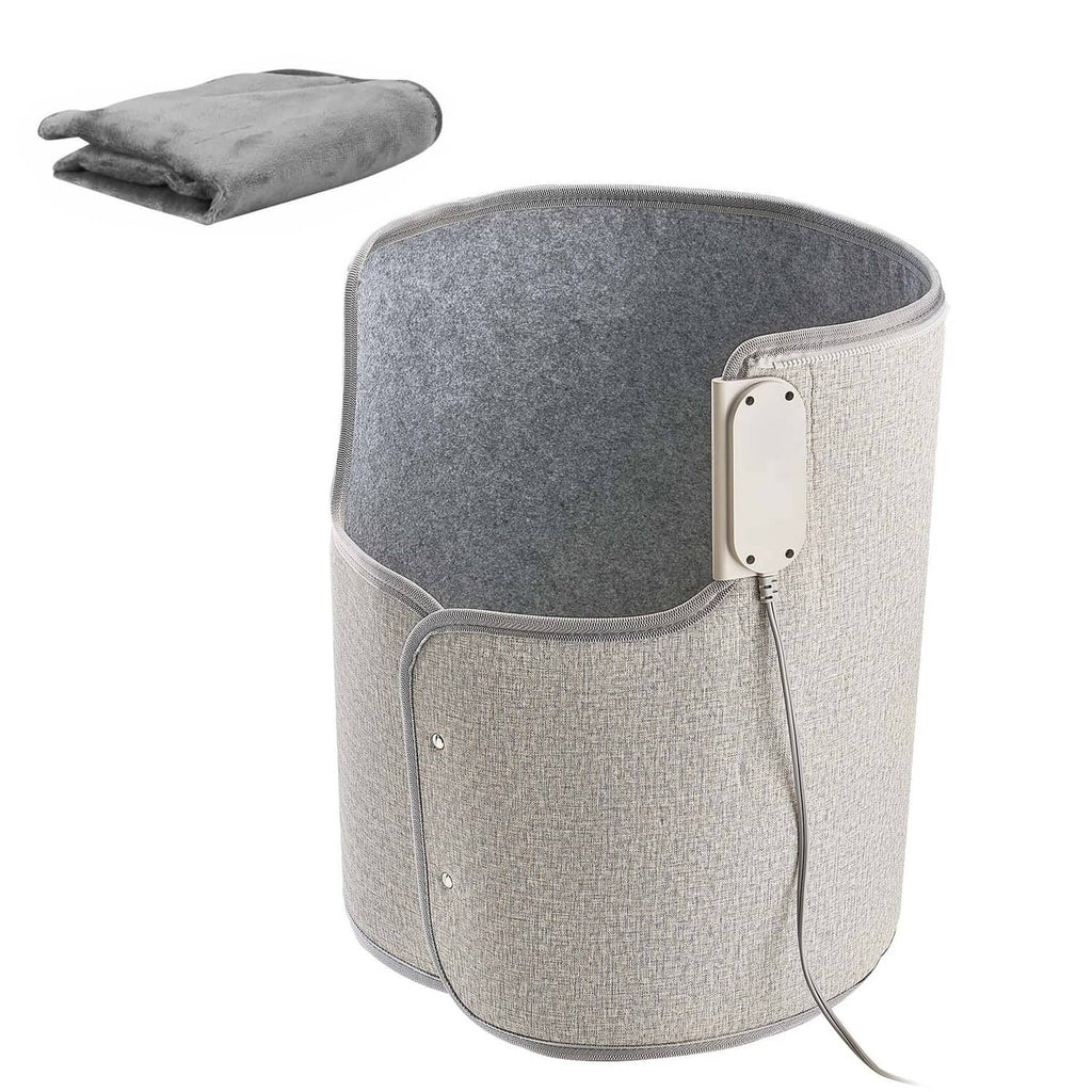 Gray under-desk heater with rolled fabric cover and power controller on side