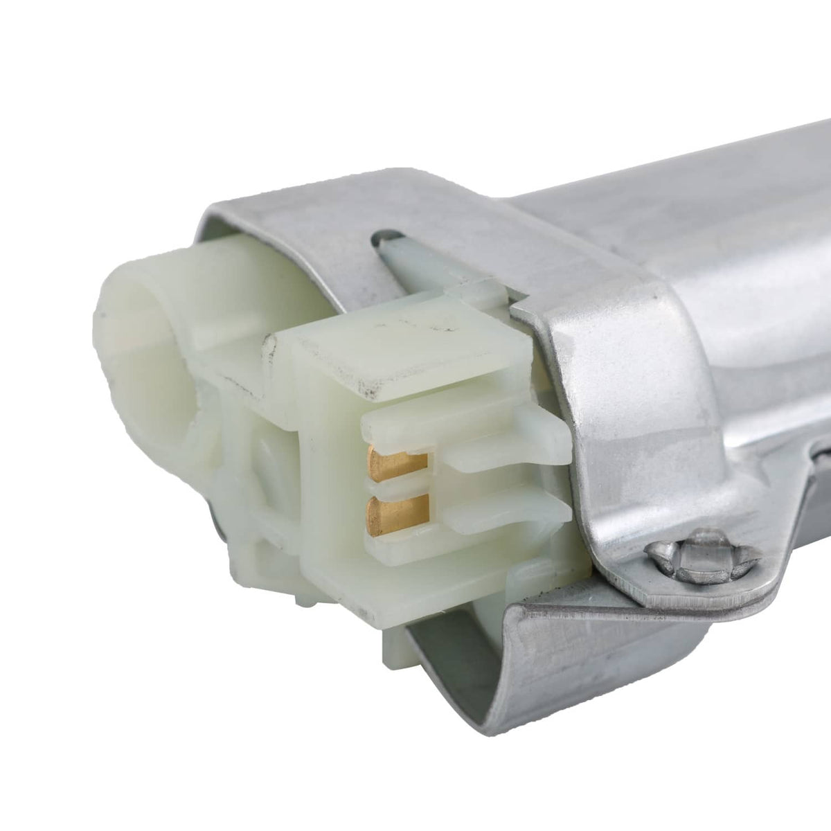 Power window lift motor connector end with light plastic plug and metal bracket