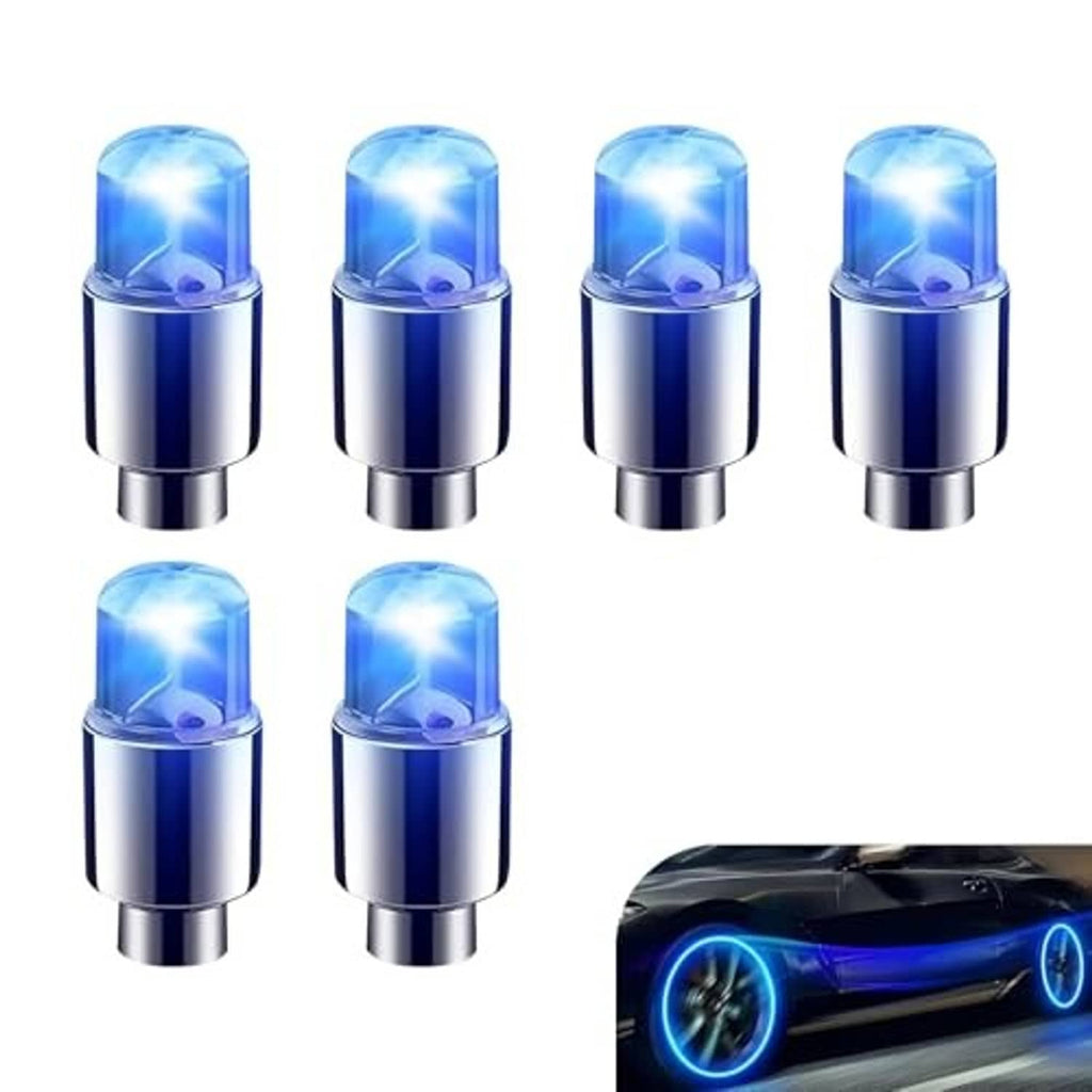 Pack of 6 blue LED tire valve stem caps with translucent light dome and chrome body