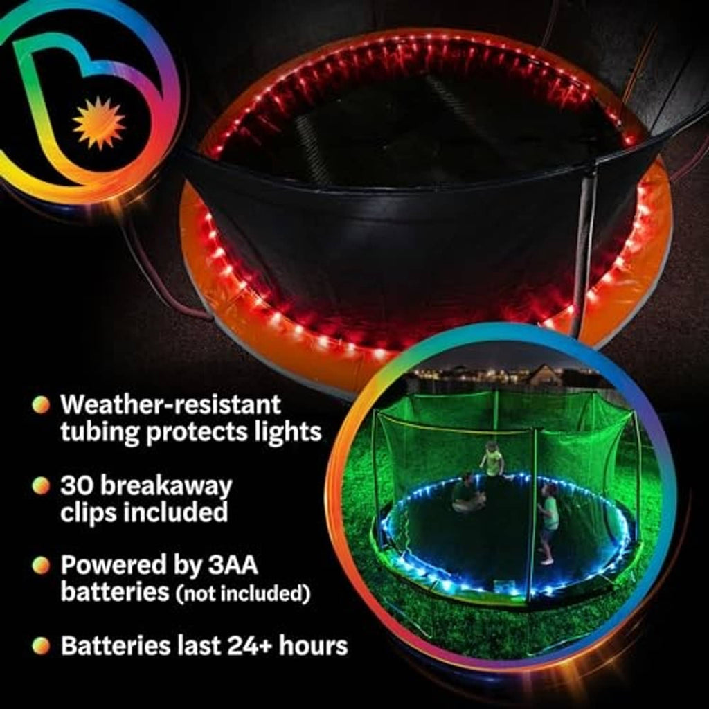 Bouncebright LED trampoline light set with red tubing and weather-resistant clips