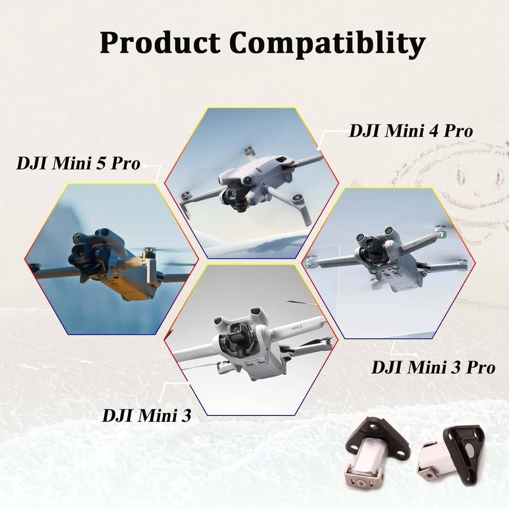 Front hinge compatibility diagram for DJI Mini drones, with hinge and mount parts
