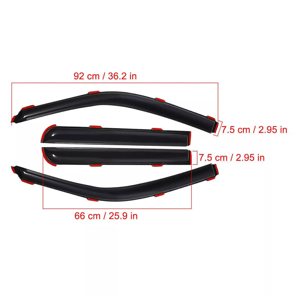 Black in-channel window vent visors with red tips, shown as a complete set