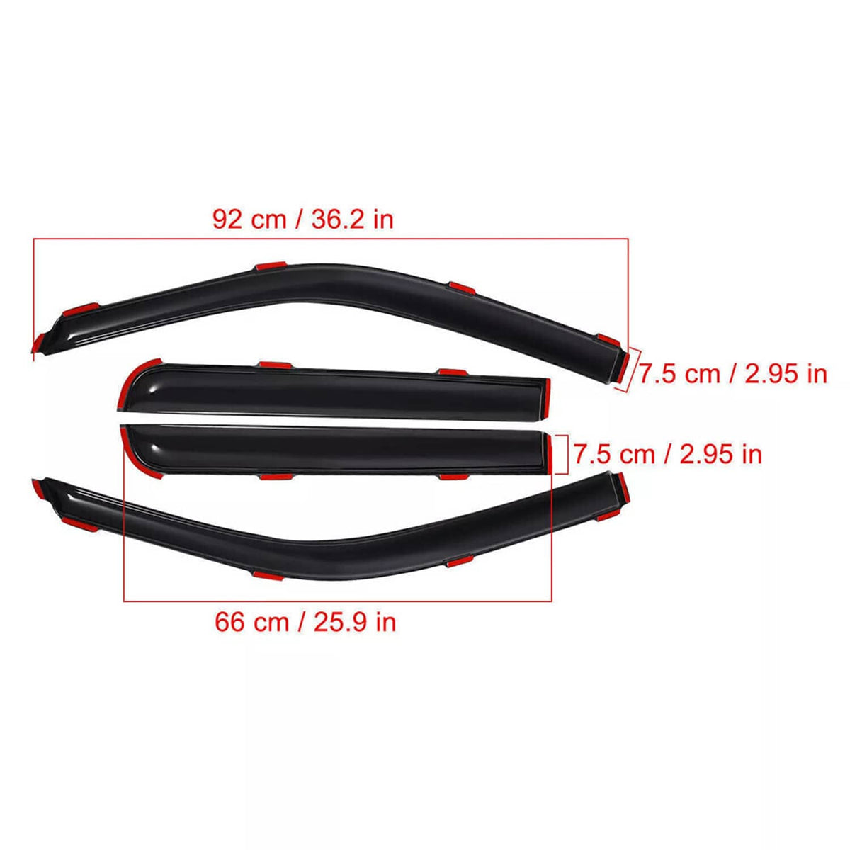 Black in-channel window vent visors with red tips, shown as a complete set