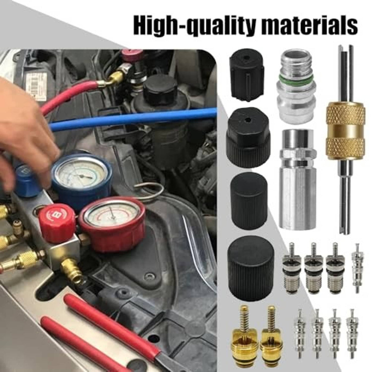 Automotive A/C valve core kit components: silver valves, black caps, brass tool