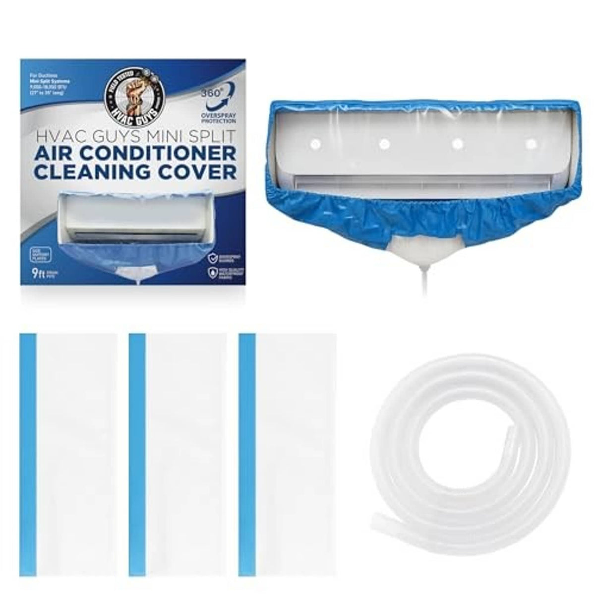 Blue mini-split cleaning cover bag kit with drain tube and striped support panels