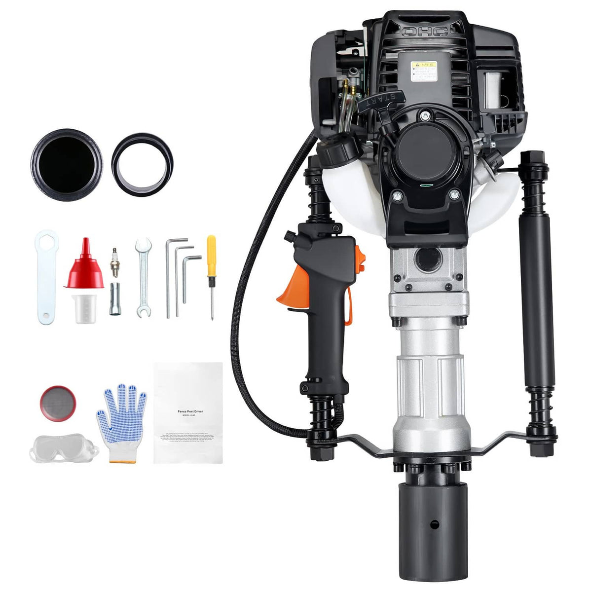 Gas-powered T post driver with included O-rings, seals, and small hardware accessories