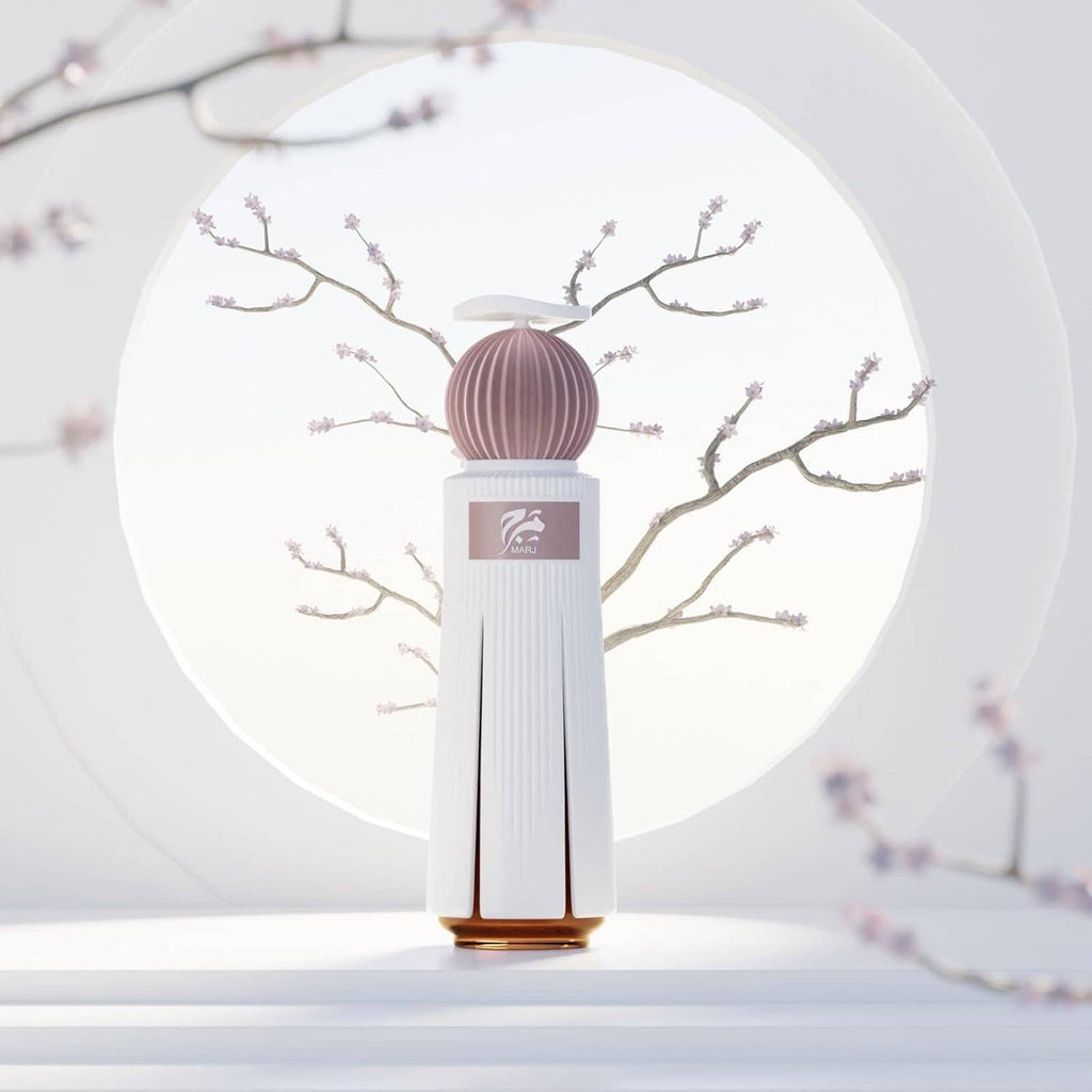 Extrait de parfum spray bottle, white body with rose-pink ribbed cap