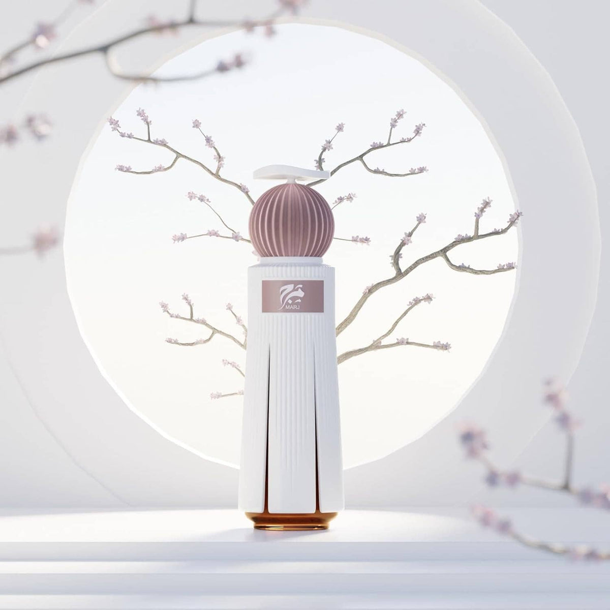 Extrait de parfum spray bottle, white body with rose-pink ribbed cap