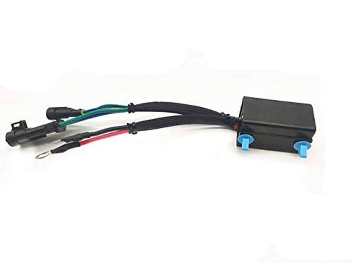Tilt trim relay harness with two blue-top terminals, long black cable and connectors
