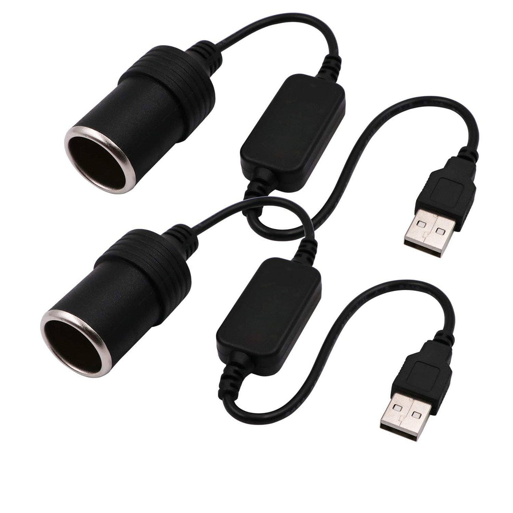 Black USB-A to 12V car lighter converter cable with cigarette socket tips and USB plugs