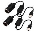 Black USB-A to 12V car lighter converter cable with cigarette socket tips and USB plugs