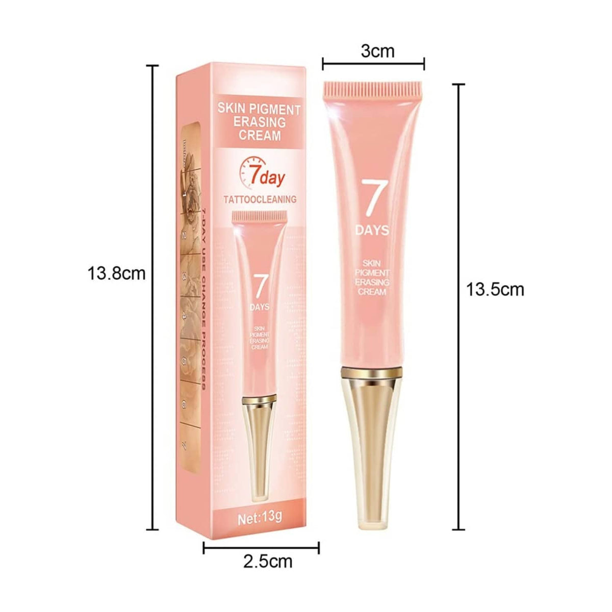 Tattoo erasing cream box and tube size diagram with 3cm and 13g shown