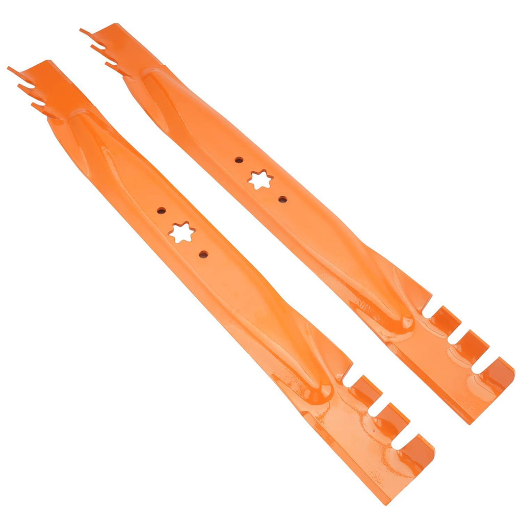 Orange mower blades with 6-point star centers and discharge-side teeth, pair