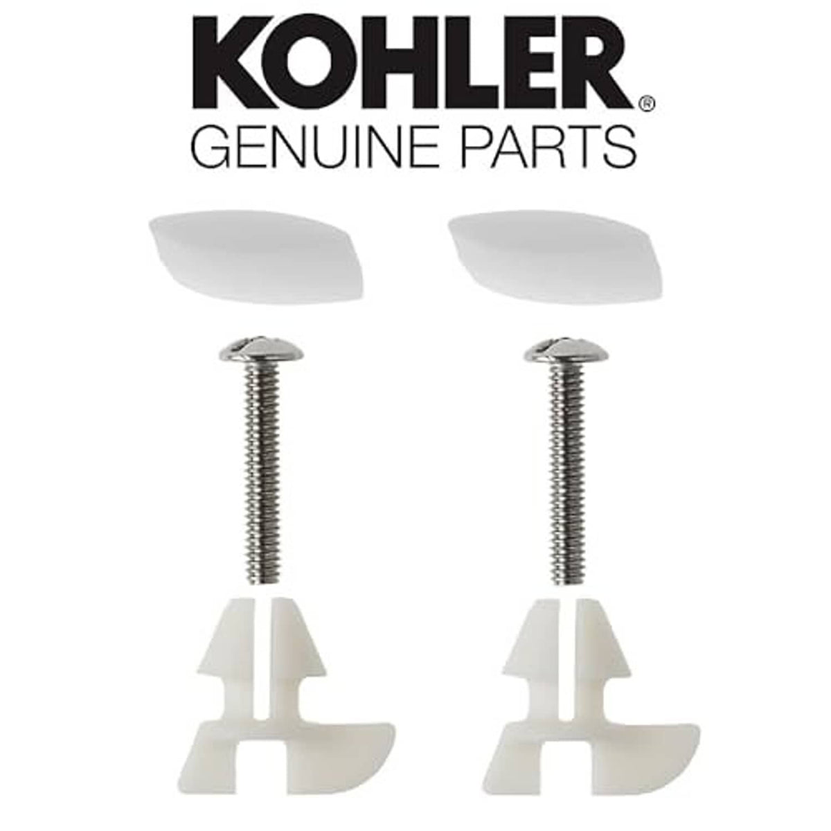 Two Kohler bumper hardware kit screws with white bumper pads and mounting pieces