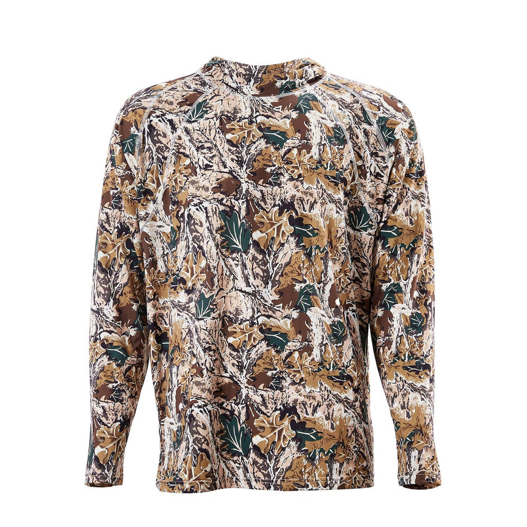 Camouflage pullover hoodie back view with hood up and long sleeves, leaf camo pattern