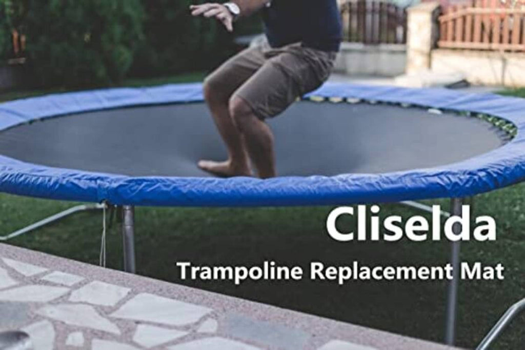 Black trampoline replacement mat with blue safety padding and spring-guard edge
