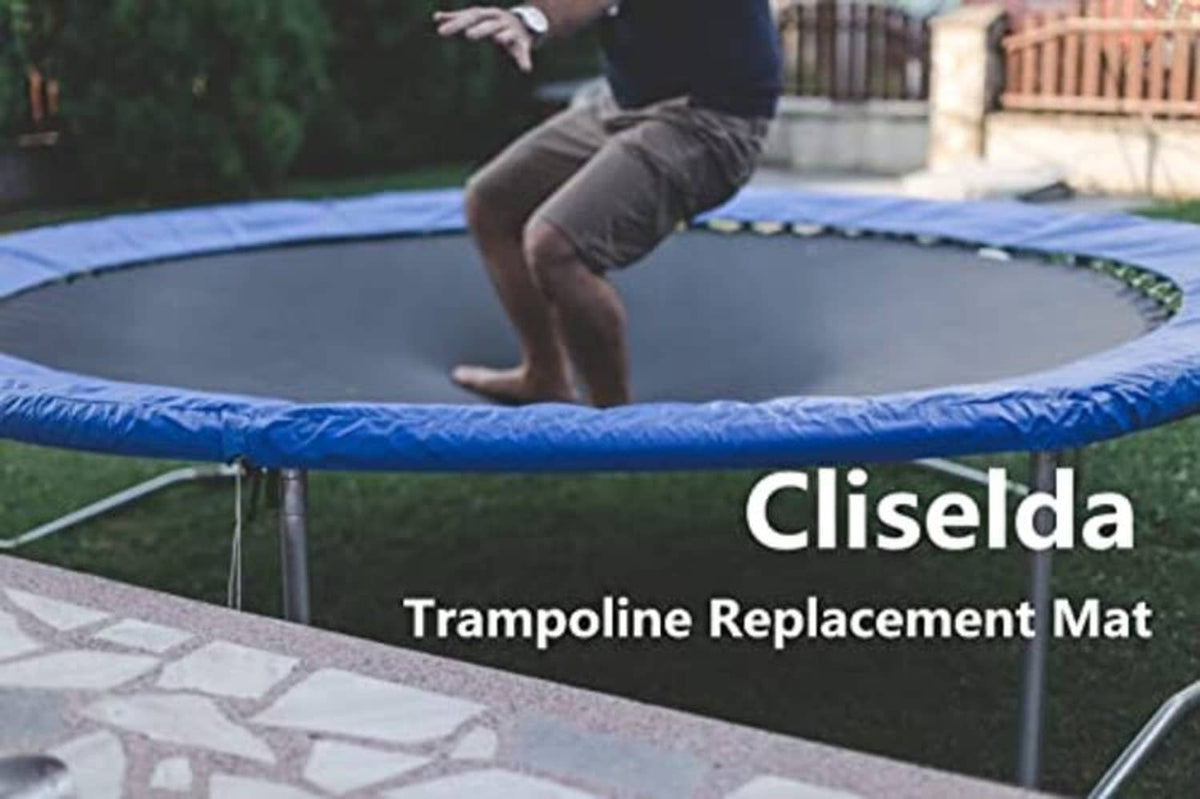 Black trampoline replacement mat with blue safety padding and spring-guard edge