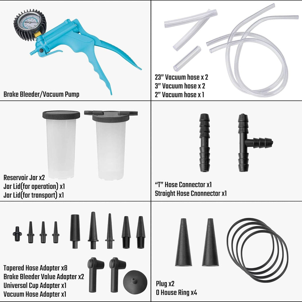 Brake bleeder kit accessories layout with vacuum hoses, adapters, and connectors