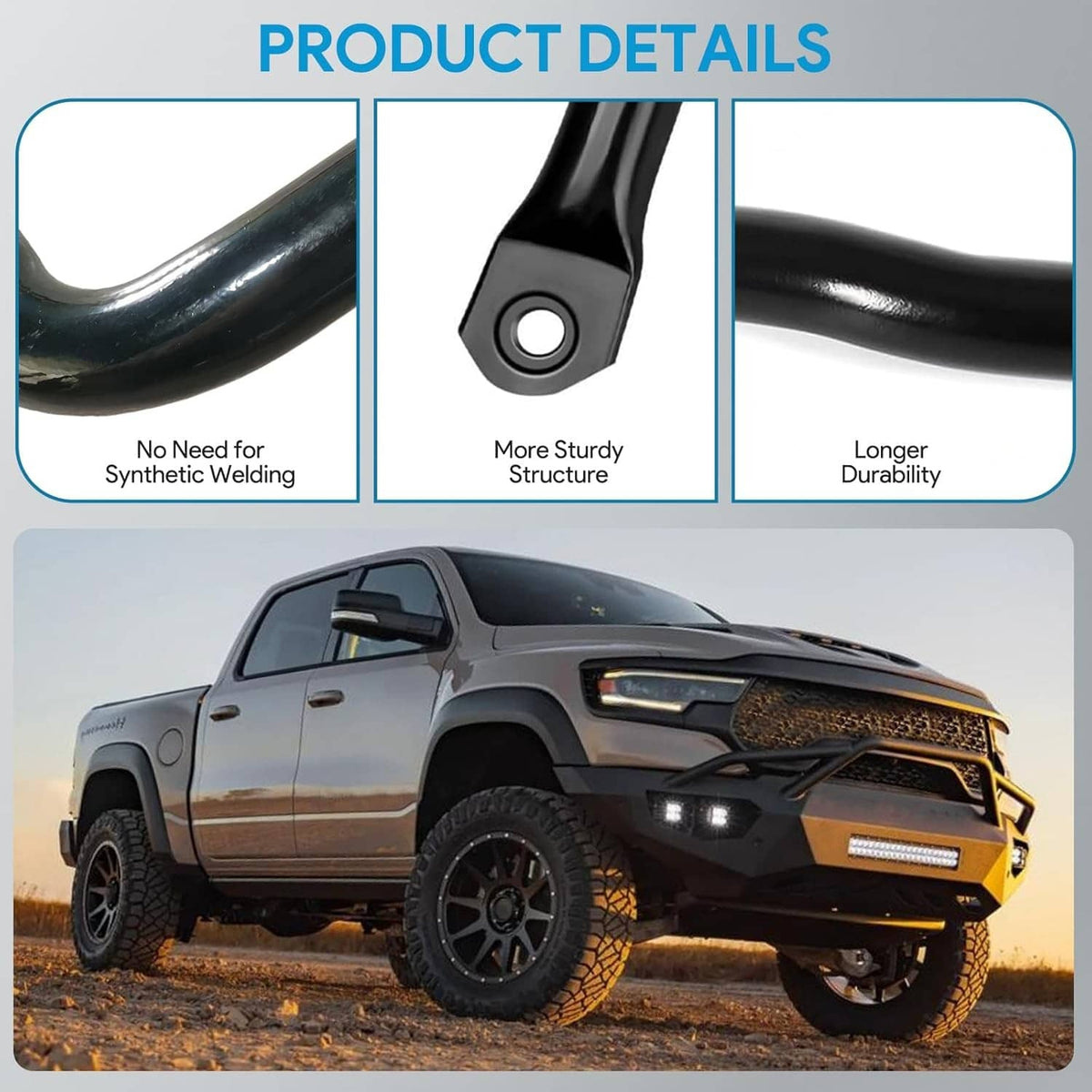 Black stabilizer bar with mounting brackets showing reinforced structure details