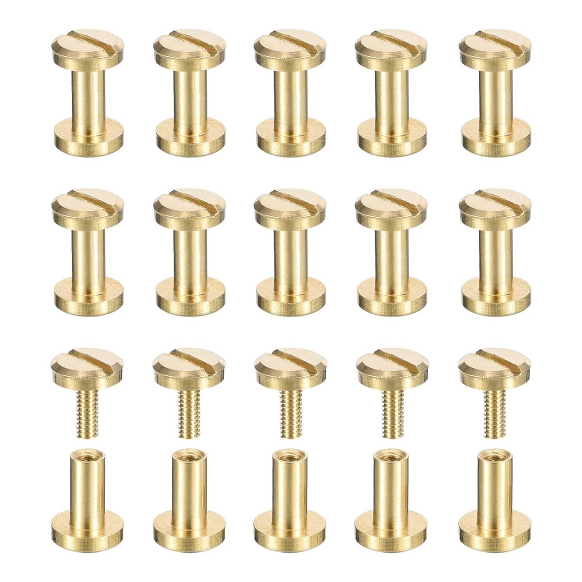 Brass Chicago screws, 6x6mm flat head screw-back binding, 30-pack