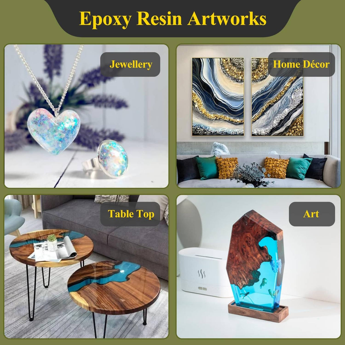 Epoxy resin kit use-case collage for jewelry, home decor, table tops, and art