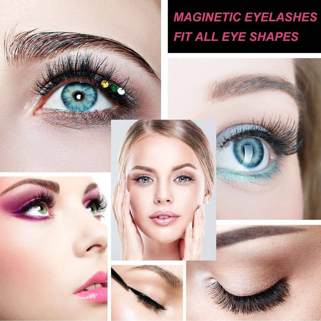 Magnetic false eyelashes on an eye with multiple lash-look examples