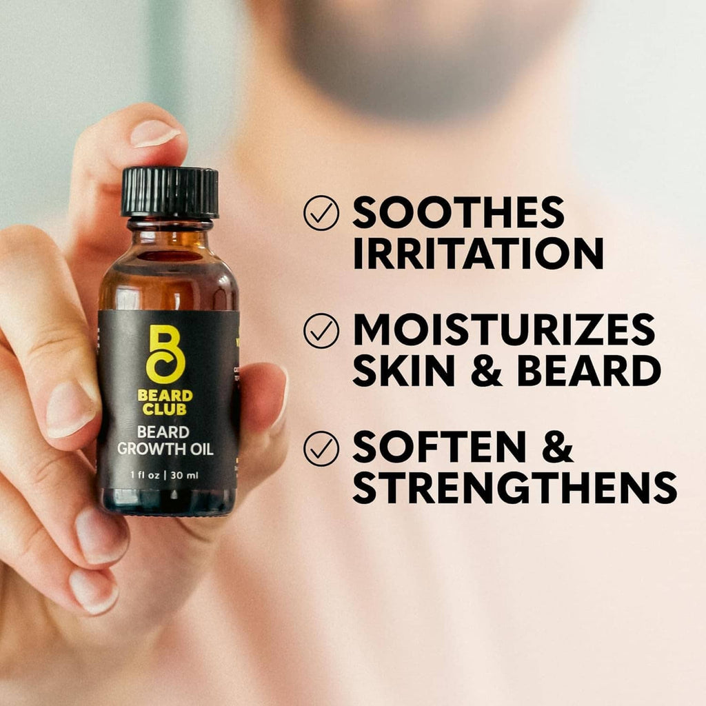 Hand holding Beard Club beard growth oil 1 fl oz bottle with dropper cap