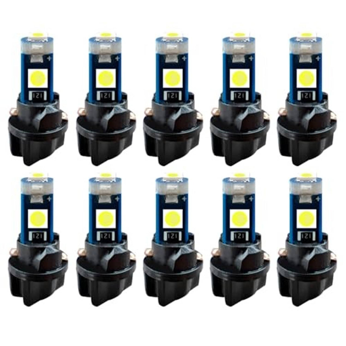 10-pack T5 LED bulbs with twist-lock sockets, blue housings, and yellow LED chips