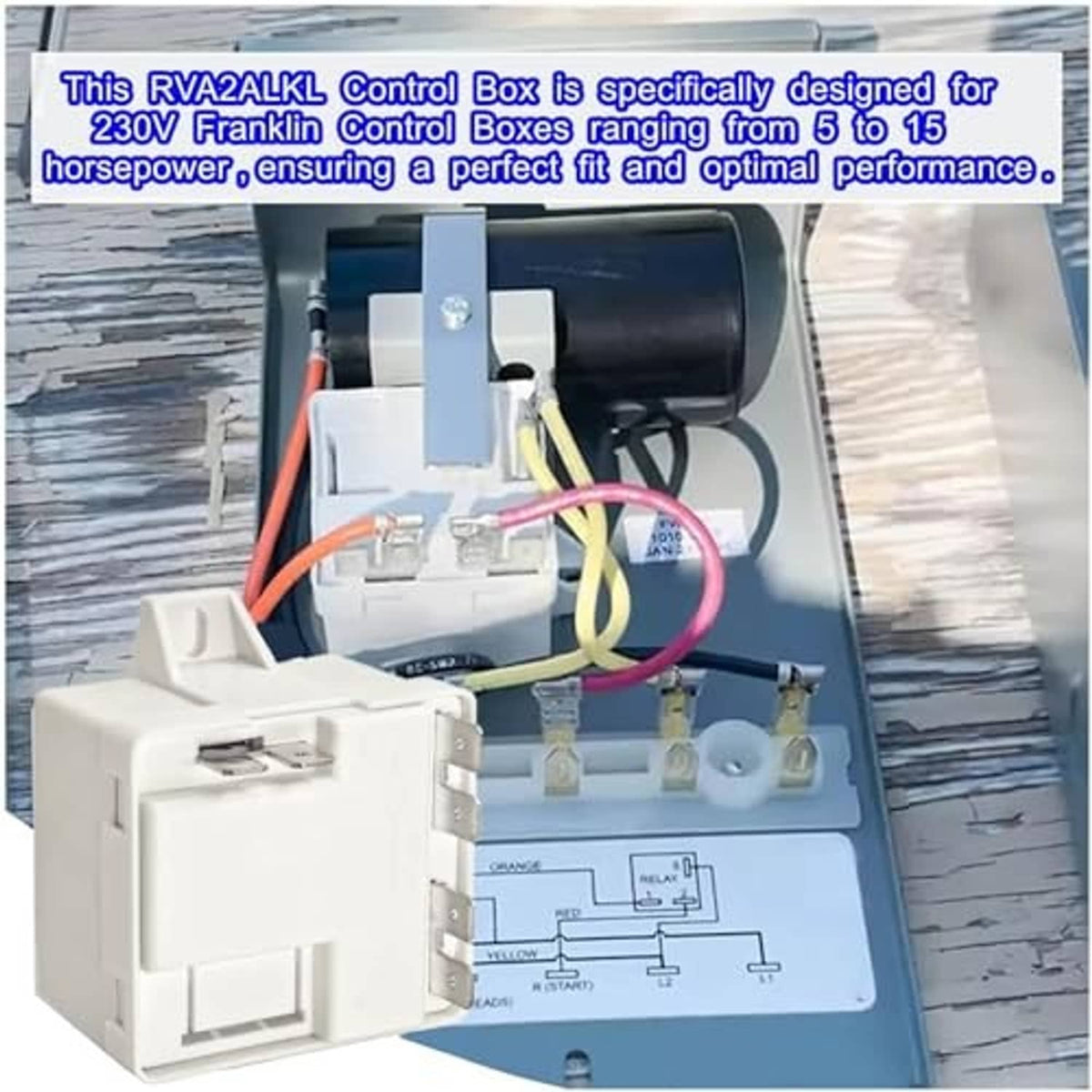 Well pump relay control box interior with relay and connectors on a blue base.