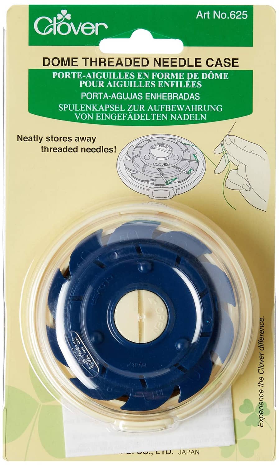 Dome threaded needle case with blue plastic holder inside cream blister packaging