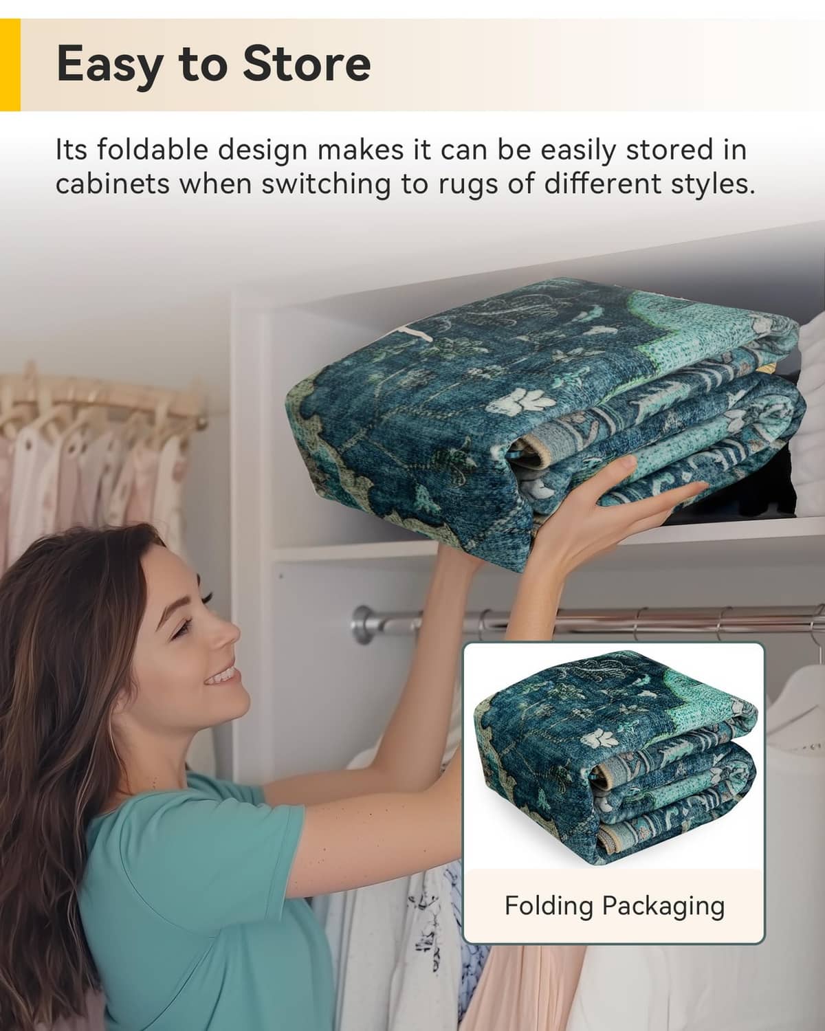 Teal rectangular runner area rug folded compactly for easy storage.