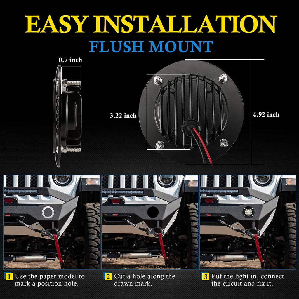 Flush-mount LED light pod with rear mounting bracket and wiring leads